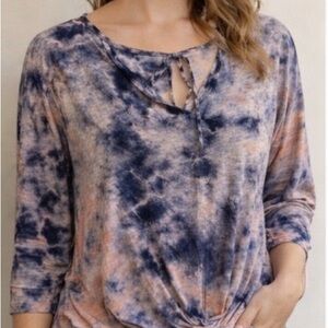 Young Fabulous & Broke Tie Dye Twist Front Top 3/4 Sleeve Peach Black Women’s